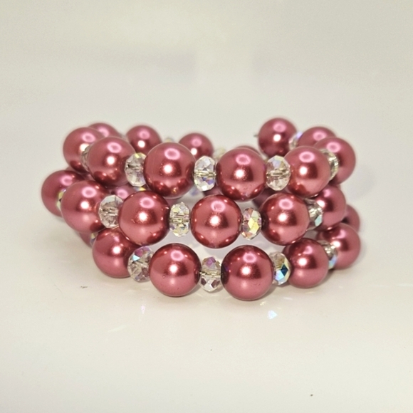 🟢3/$19🟢 Pink Pearl Aurora Borealis Crystal Memory Wire Statement Bracelet - Picture 2 of 5
